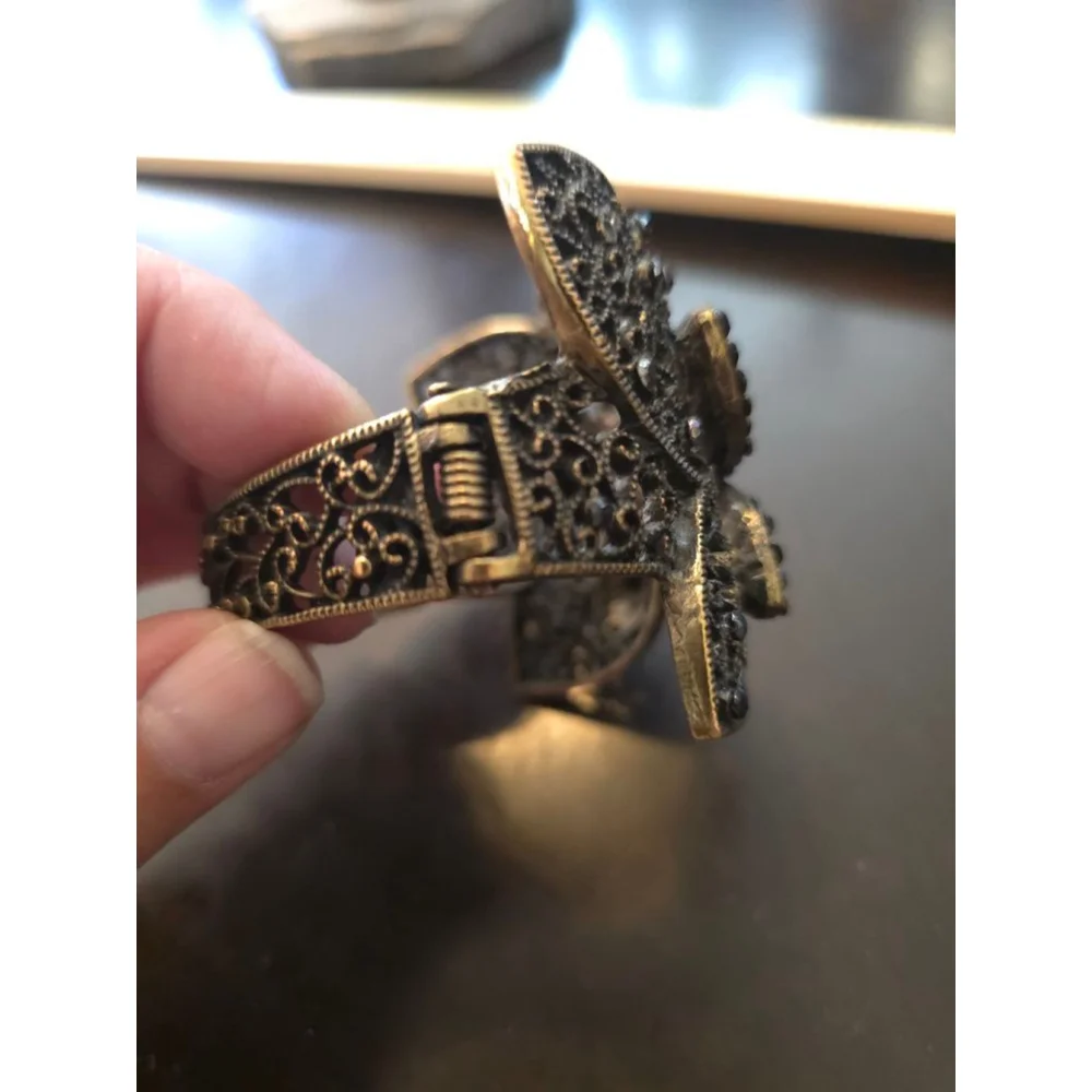 Women's Vintage Whimsigoth Bronze Black Butterfly Rhinestone Hinge Cuff Bracelet